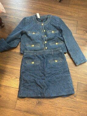 Ann Taylor Quilted Denim Blazer and Skirt Set - Blue with Gold Buttons